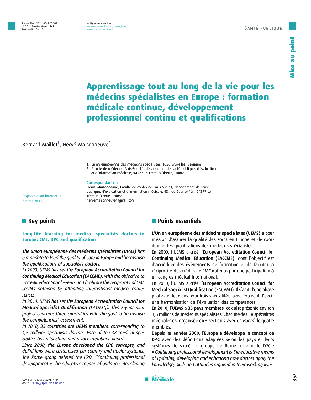 Apprentissage tout au long de la vie pour les médecins spécialistes en Europe : formation médicale continue, développement professionnel continu et qualifications