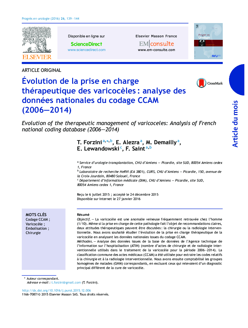 Évolution de la prise en charge thérapeutique des varicocèles : analyse des données nationales du codage CCAM (2006–2014)