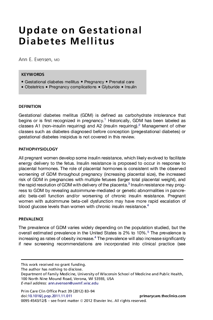 Update on Gestational Diabetes Mellitus