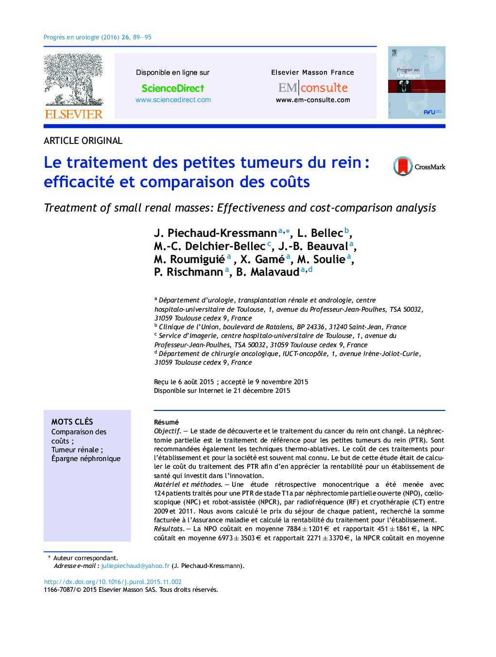 Le traitement des petites tumeurs du rein : efficacité et comparaison des coûts