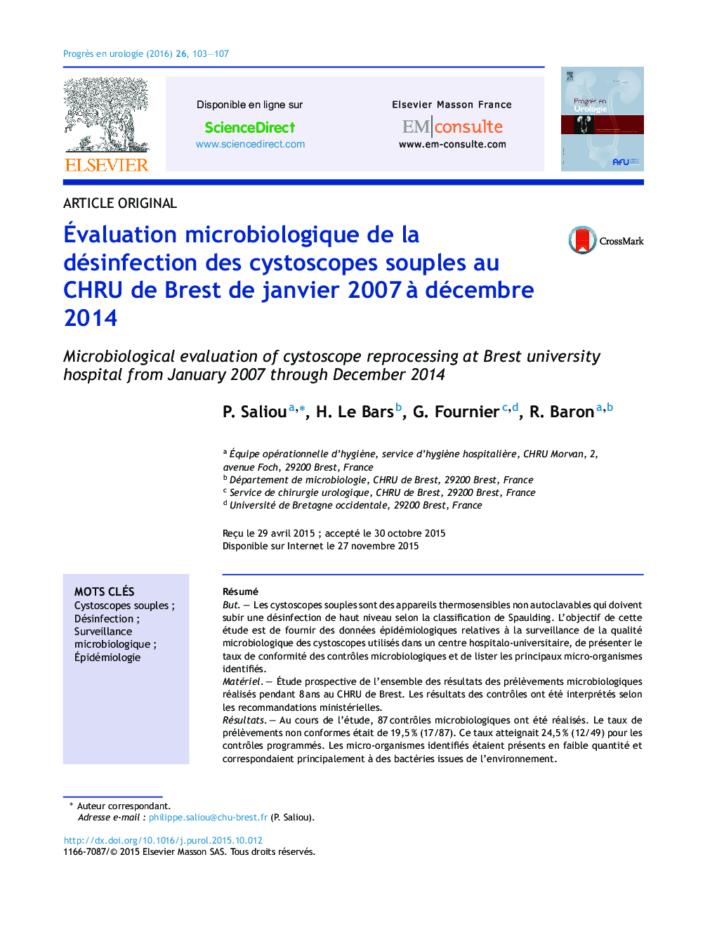 Évaluation microbiologique de la désinfection des cystoscopes souples au CHRU de Brest de janvier 2007 à décembre 2014