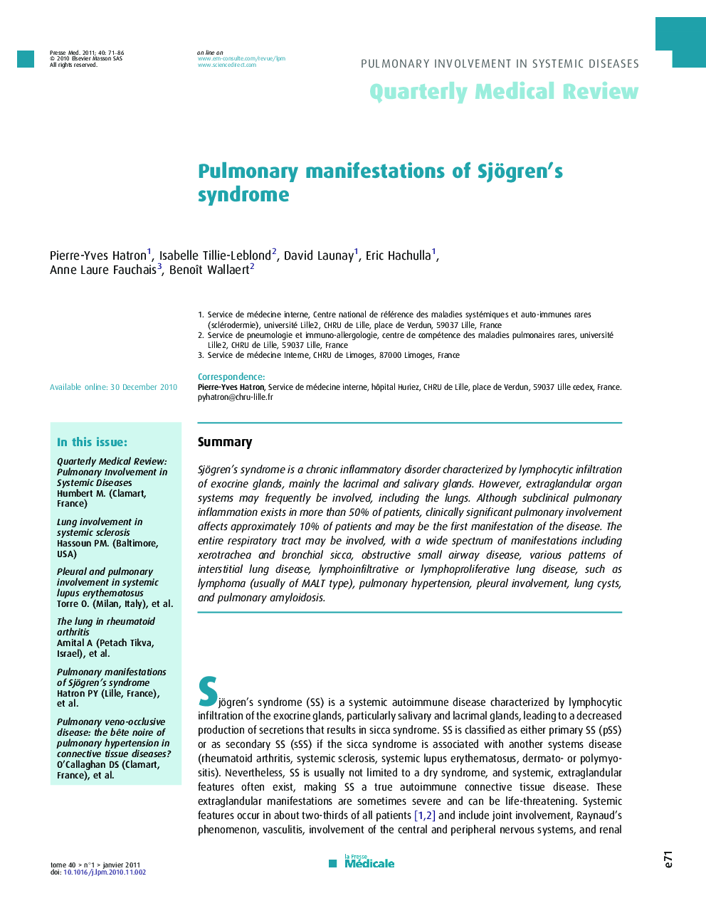 Pulmonary manifestations of Sjögren's syndrome