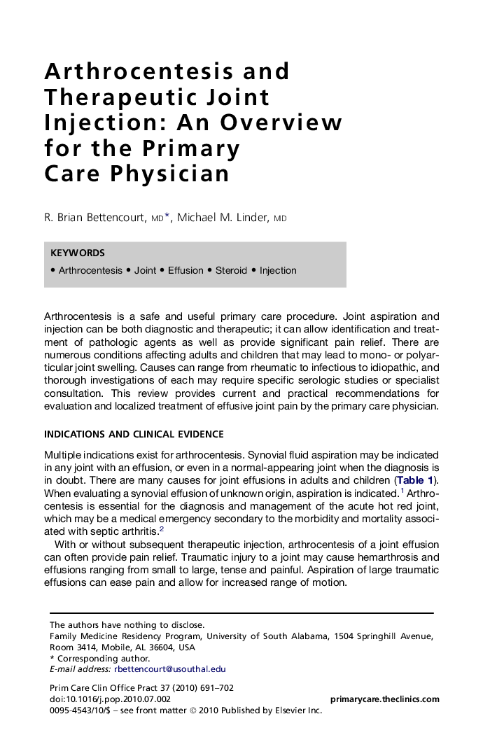 Arthrocentesis and Therapeutic Joint Injection: An Overview for the Primary Care Physician