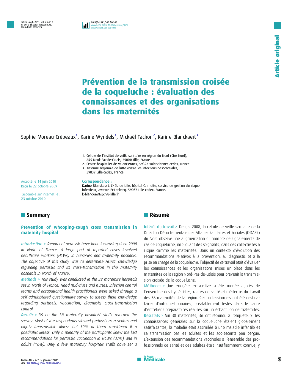 Prévention de la transmission croisée de la coqueluche : évaluation des connaissances et des organisations dans les maternités
