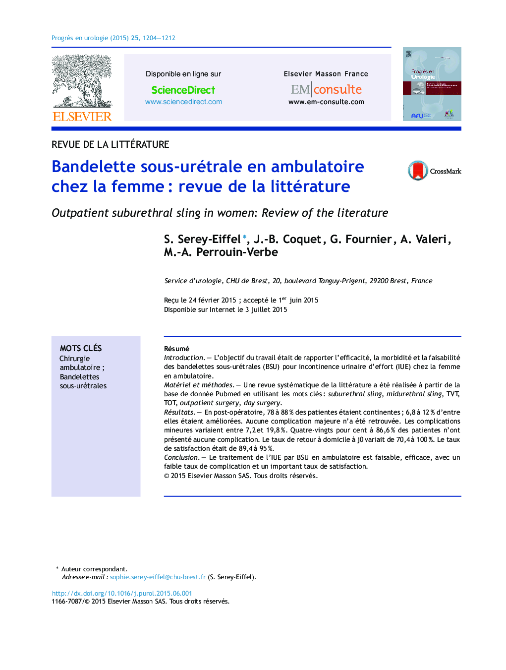 Bandelette sous-urétrale en ambulatoire chez la femme : revue de la littérature