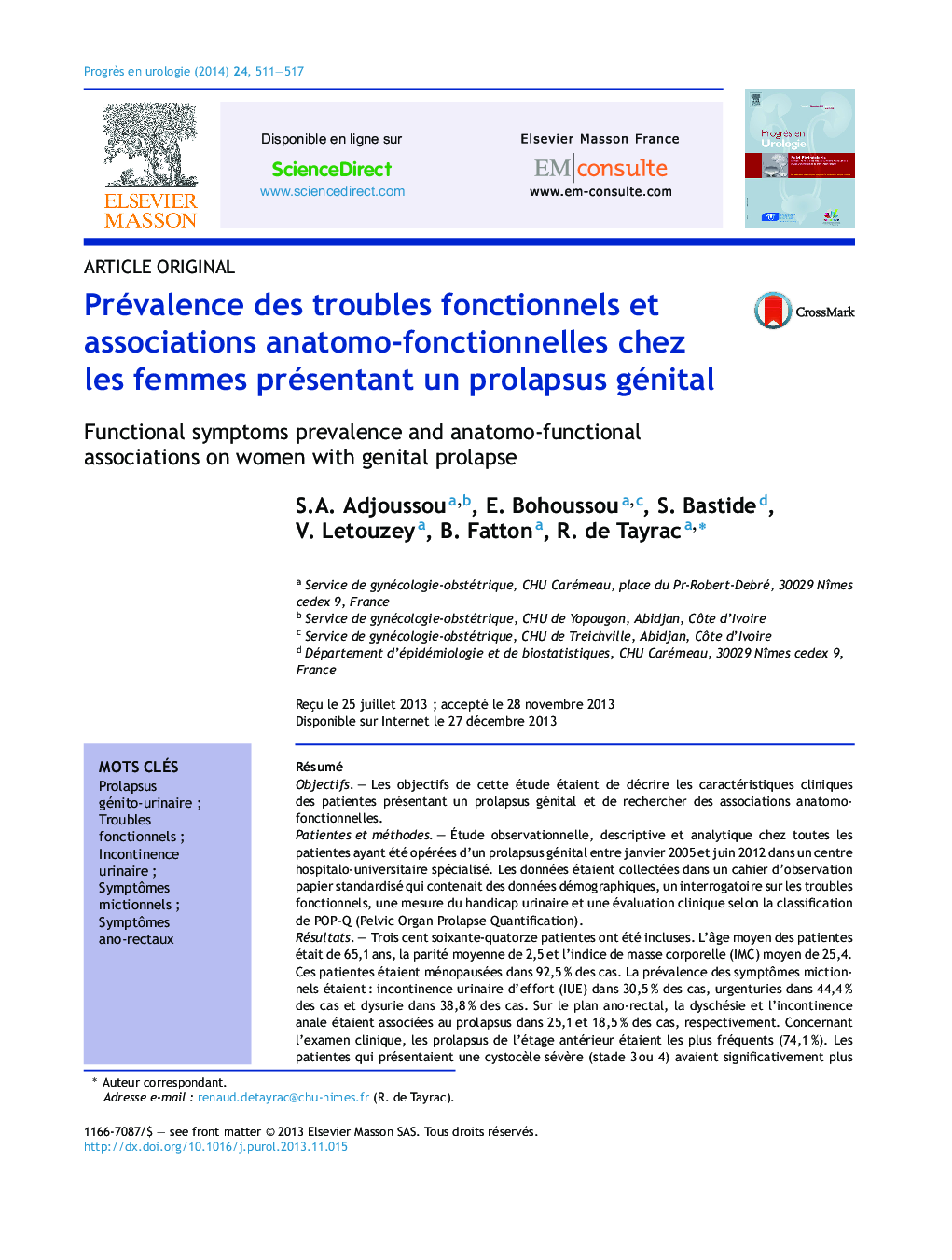 Prévalence des troubles fonctionnels et associations anatomo-fonctionnelles chez les femmes présentant un prolapsus génital