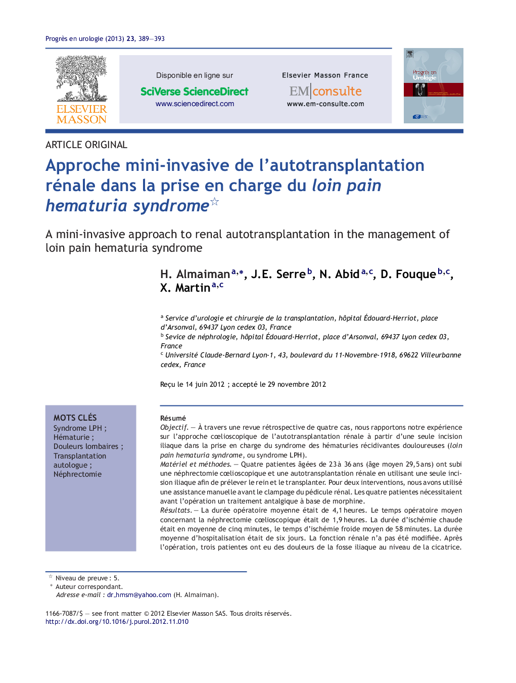 Approche mini-invasive de l'autotransplantation rénale dans la prise en charge du loin pain hematuria syndrome