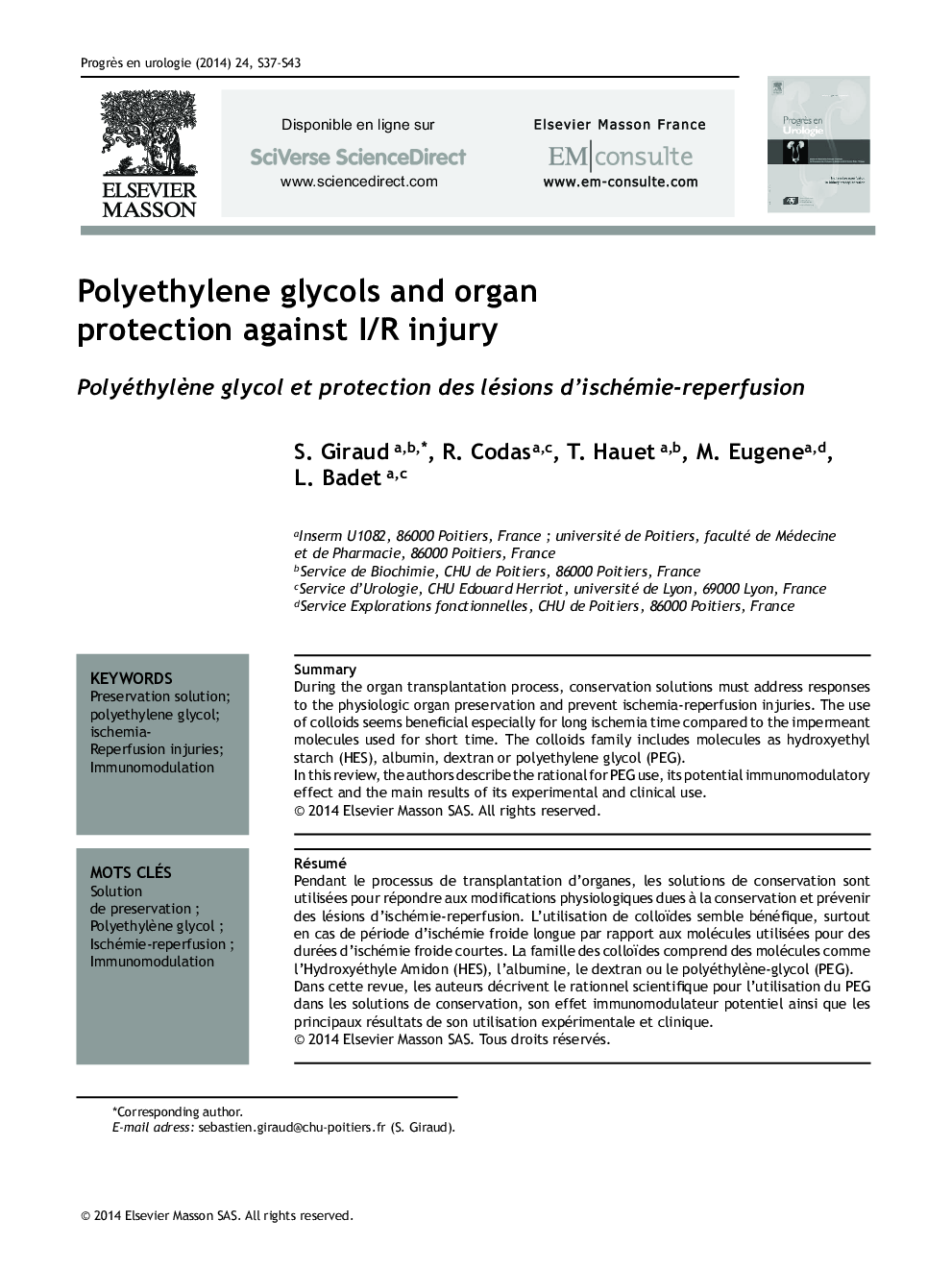 Polyethylene glycols and organ protection against I/R injury