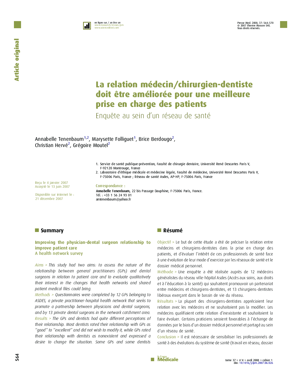 La relation médecin/chirurgien-dentiste doit être améliorée pour une meilleure prise en charge des patients: Enquête au sein d’un réseau de santé