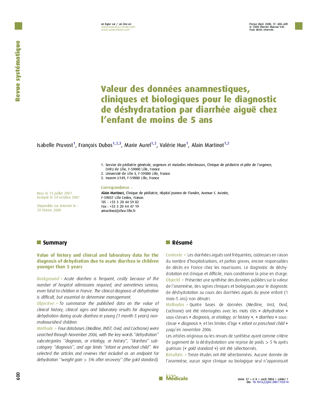 Valeur des données anamnestiques, cliniques et biologiques pour le diagnostic de déshydratation par diarrhée aiguë chez l’enfant de moins de 5 ans
