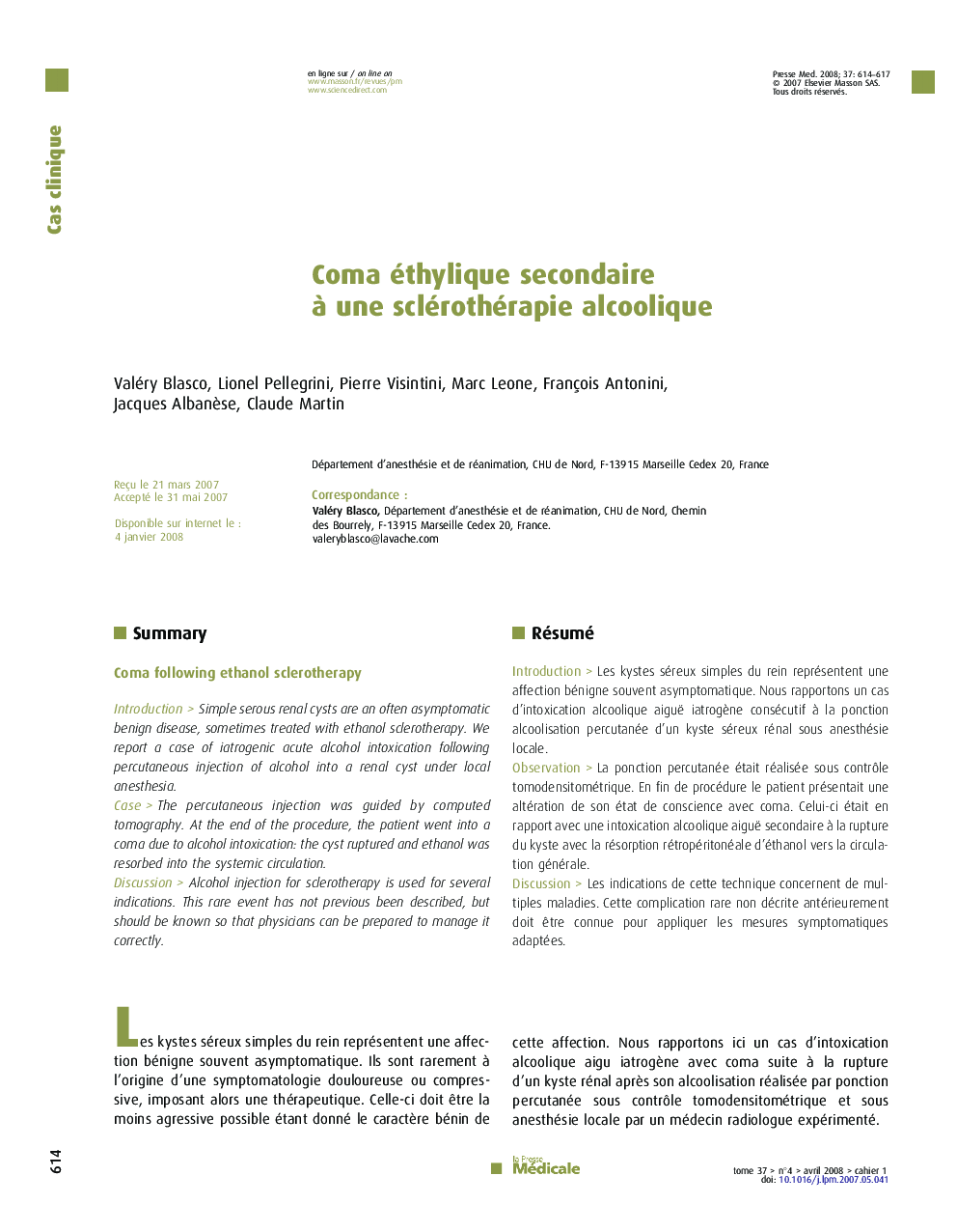 Coma éthylique secondaire Ã  une sclérothérapie alcoolique