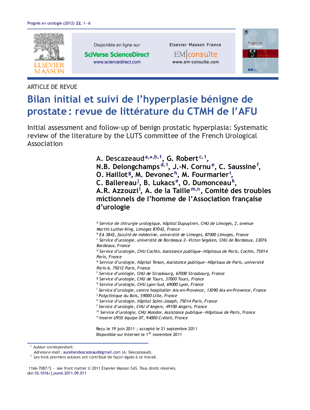 Bilan initial et suivi de l’hyperplasie bénigne de prostate : revue de littérature du CTMH de l’AFU