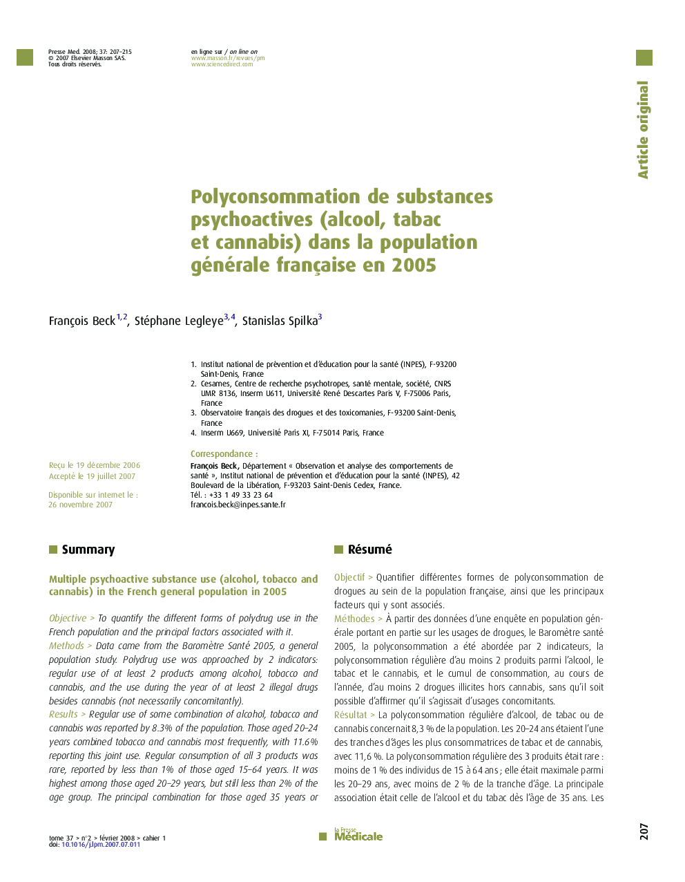Polyconsommation de substances psychoactives (alcool, tabac et cannabis) dans la population générale française en 2005