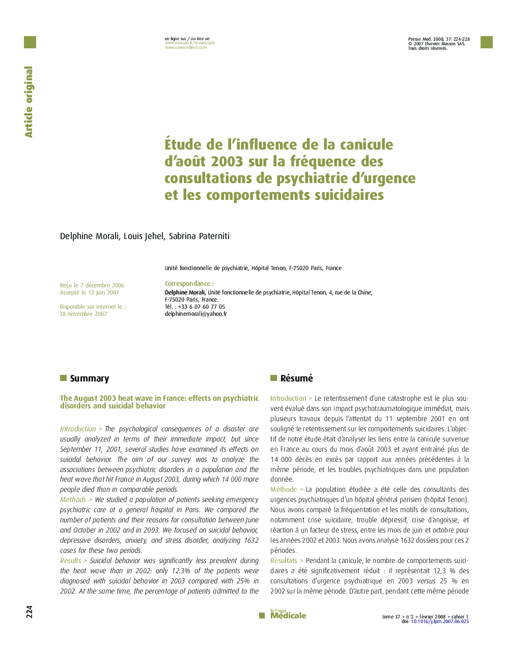 Étude de l’influence de la canicule d’août 2003 sur la fréquence des consultations de psychiatrie d’urgence et les comportements suicidaires