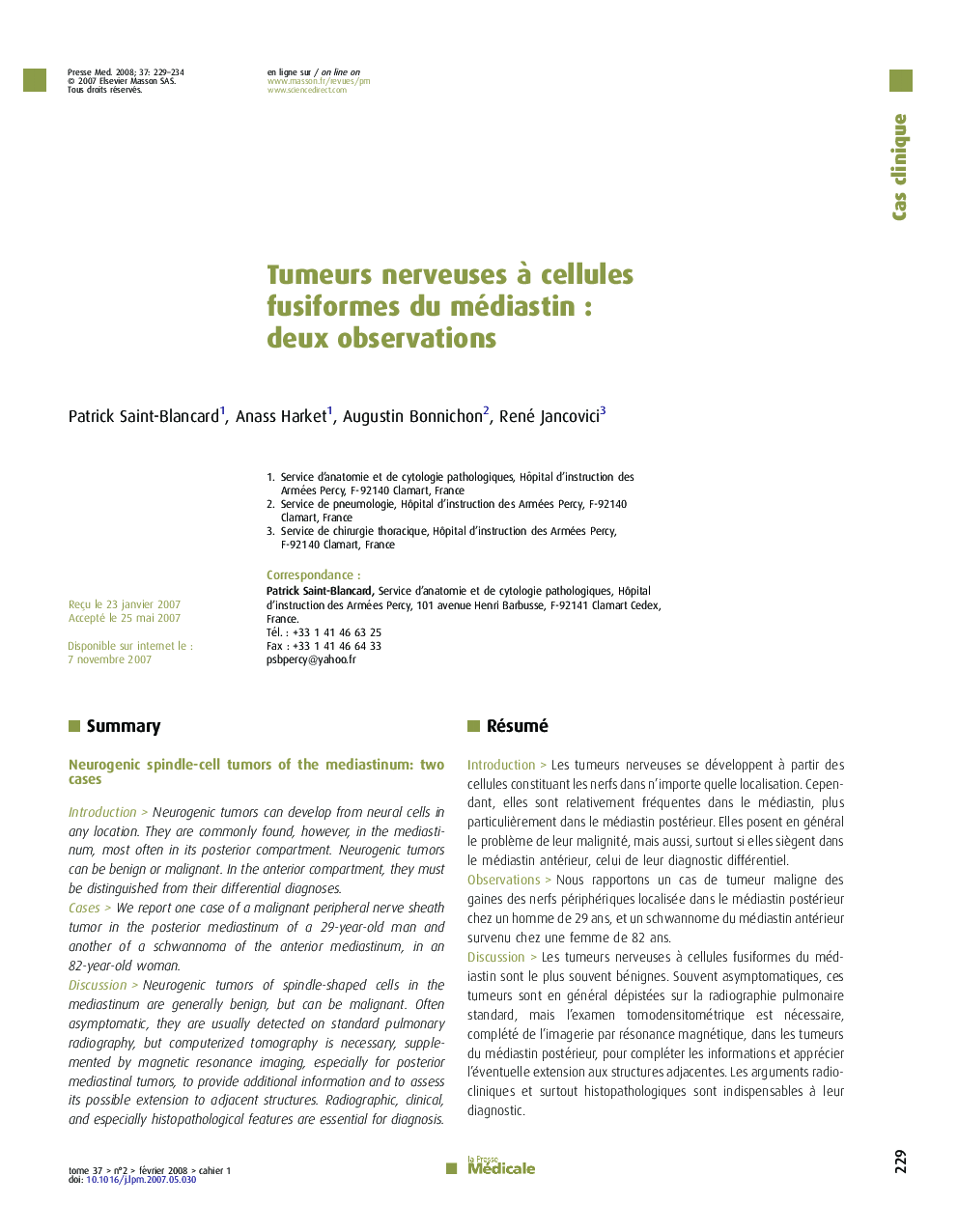 Tumeurs nerveuses à cellules fusiformes du médiastin : deux observations