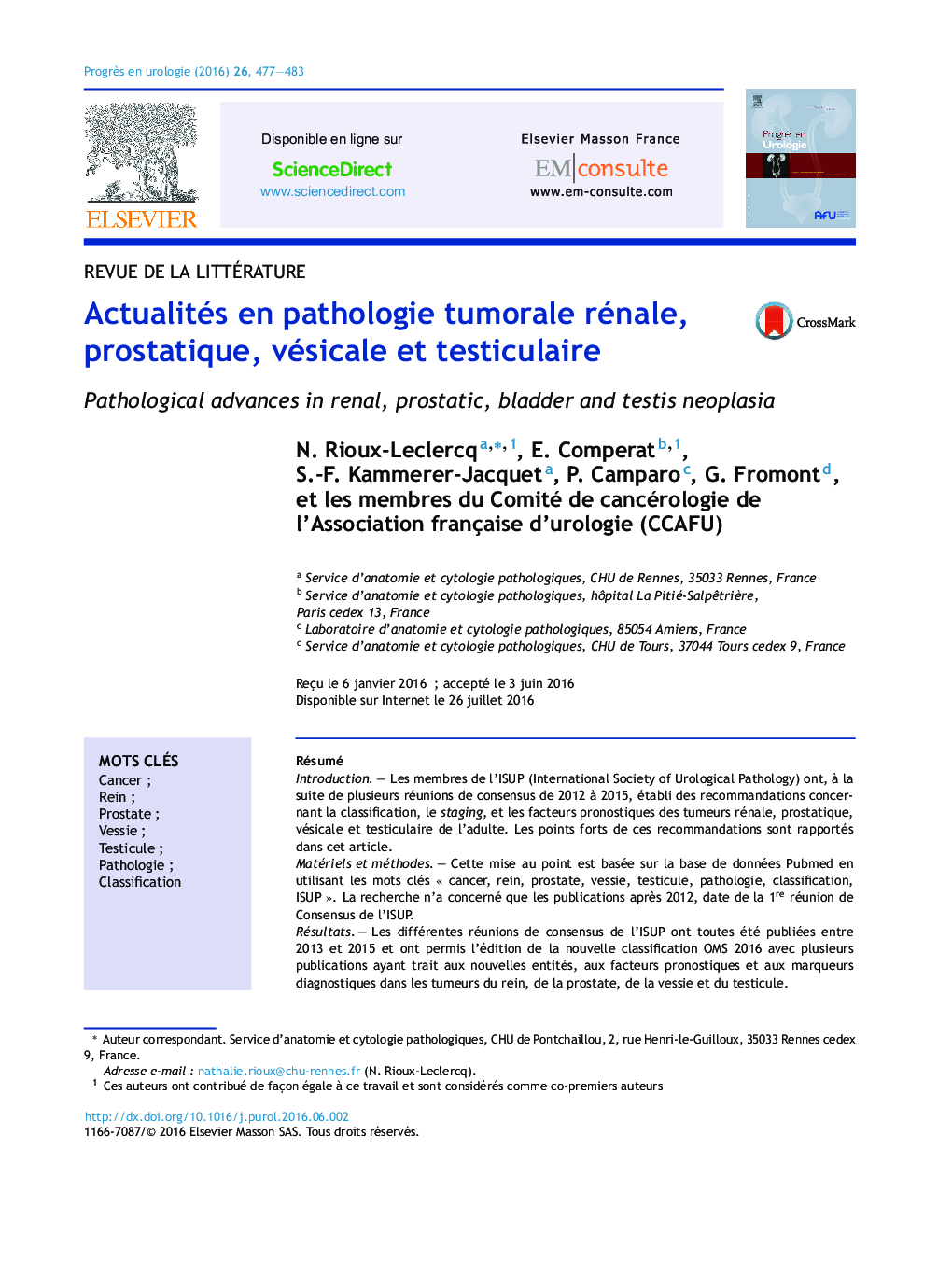 Actualités en pathologie tumorale rénale, prostatique, vésicale et testiculaire