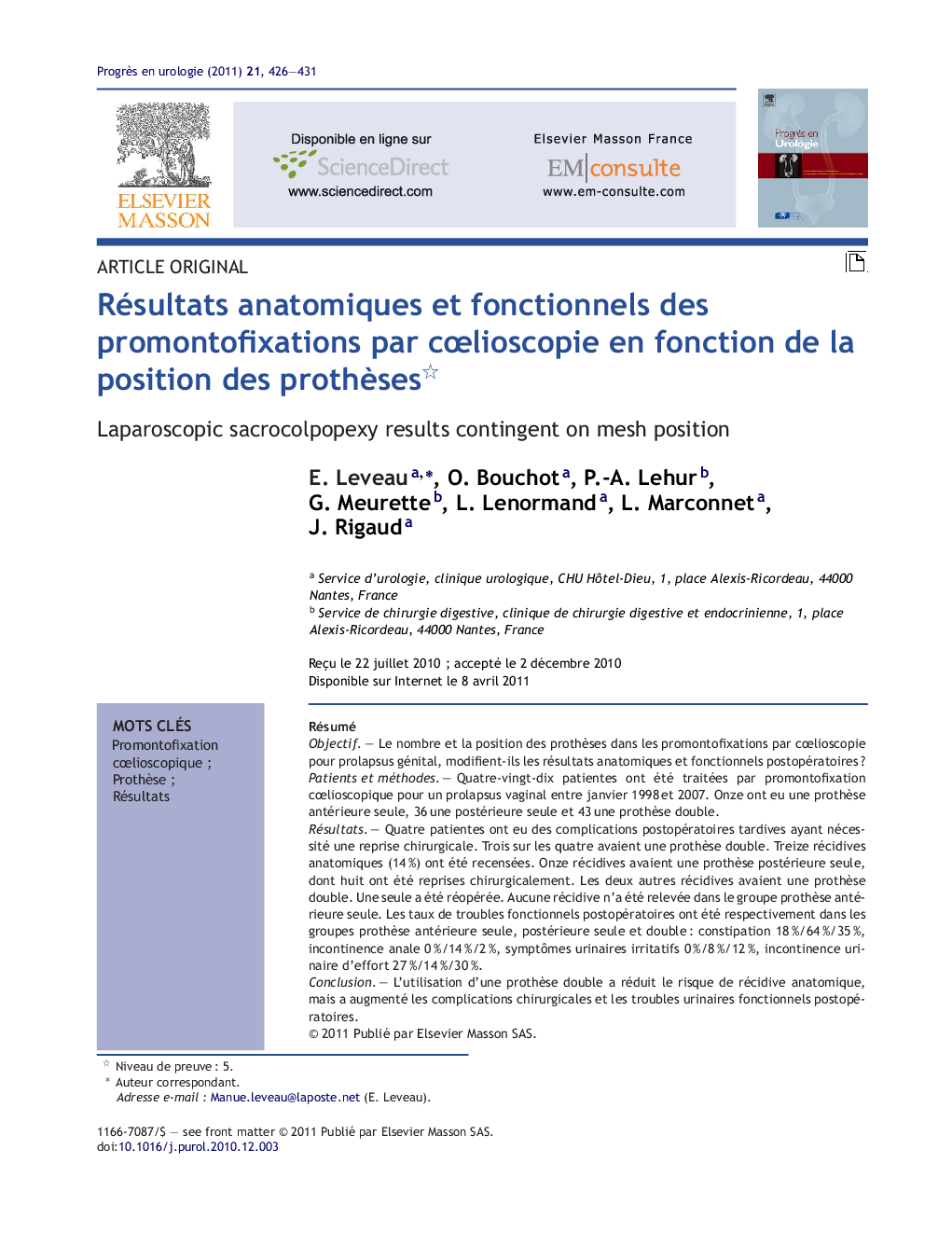 Résultats anatomiques et fonctionnels des promontofixations par cÅlioscopie en fonction de la position des prothÃ¨ses