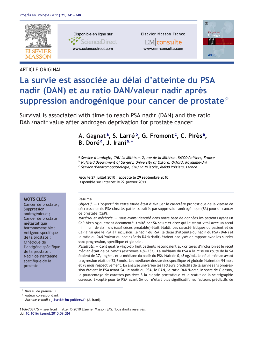 La survie est associée au délai d'atteinte du PSA nadir (DAN) et au ratio DAN/valeur nadir aprÃ¨s suppression androgénique pour cancer de prostate