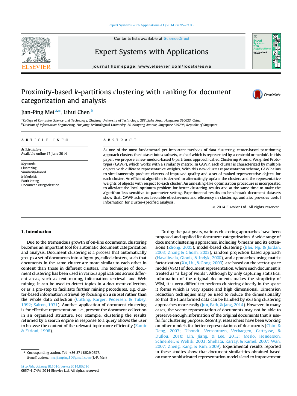 Proximity-based k-partitions clustering with ranking for document categorization and analysis