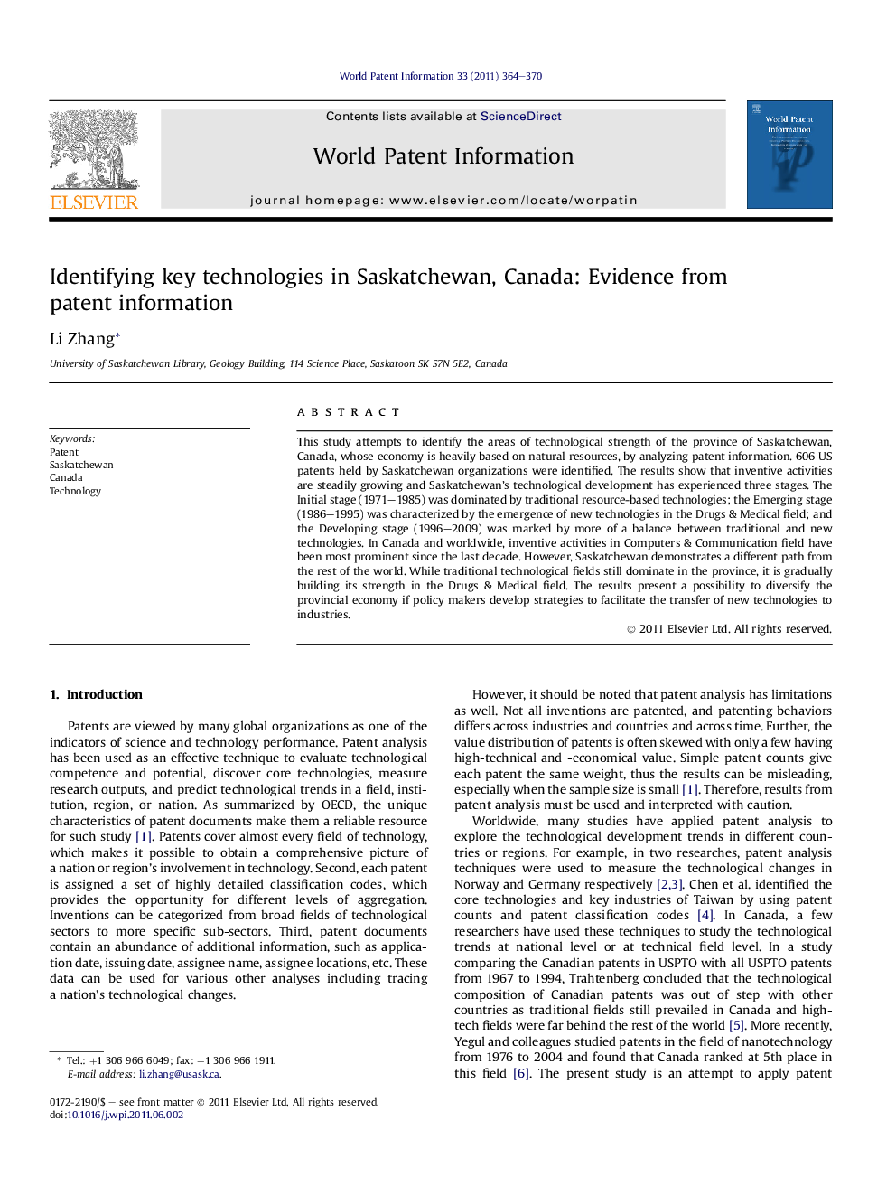 Identifying key technologies in Saskatchewan, Canada: Evidence from patent information