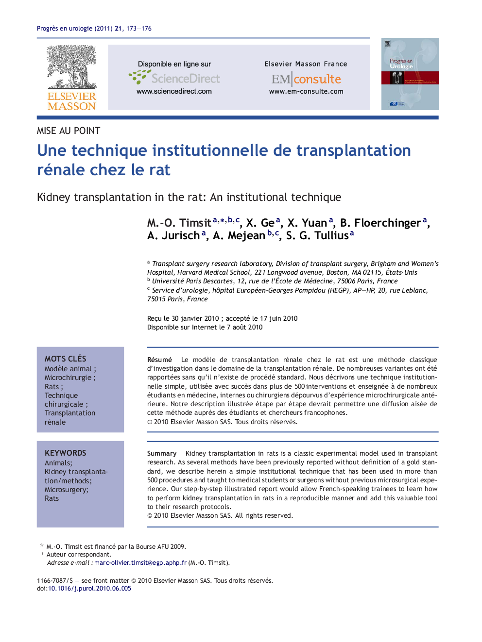 Une technique institutionnelle de transplantation rénale chez le rat