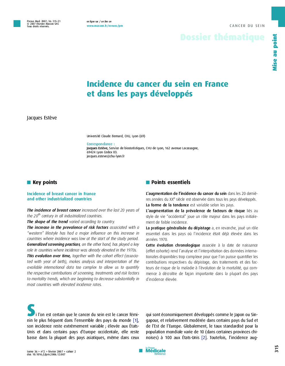 Incidence du cancer du sein en France et dans les pays développés