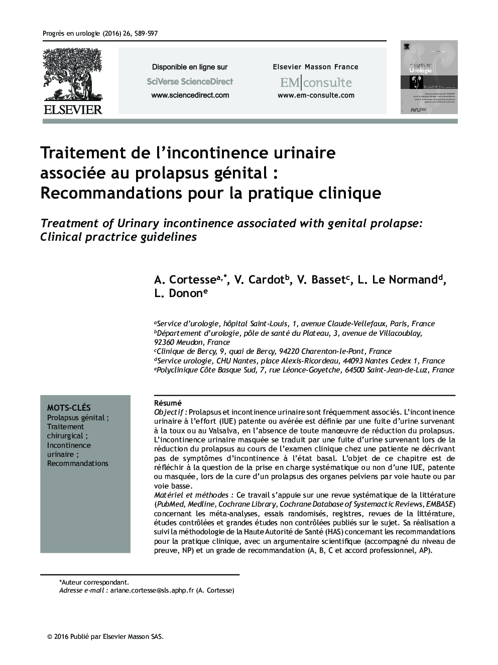 Traitement de l’incontinence urinaire associée au prolapsus génital : Recommandations pour la pratique clinique