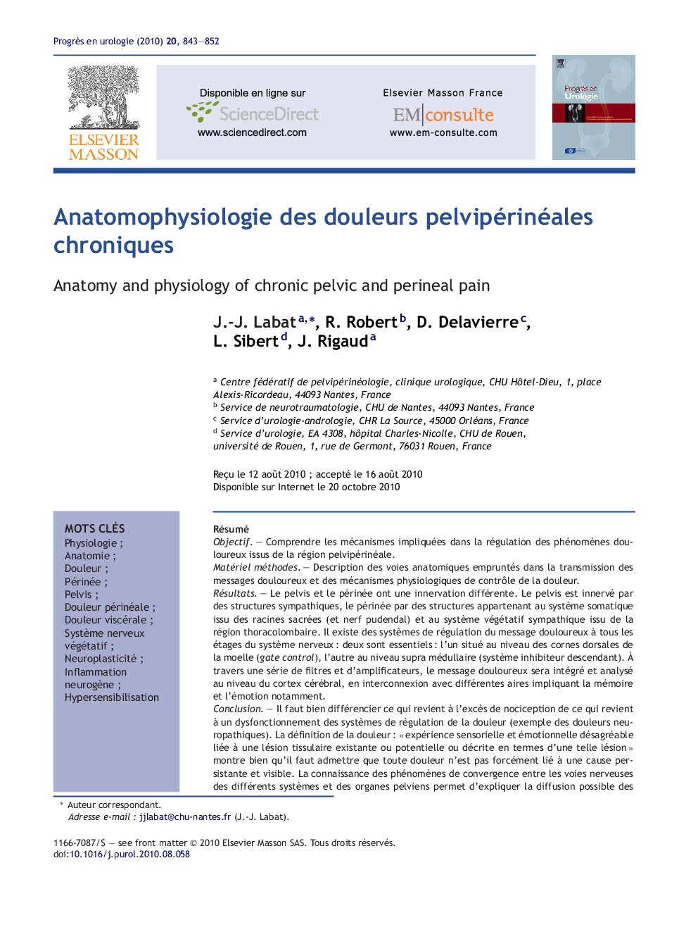 Anatomophysiologie des douleurs pelvipérinéales chroniques