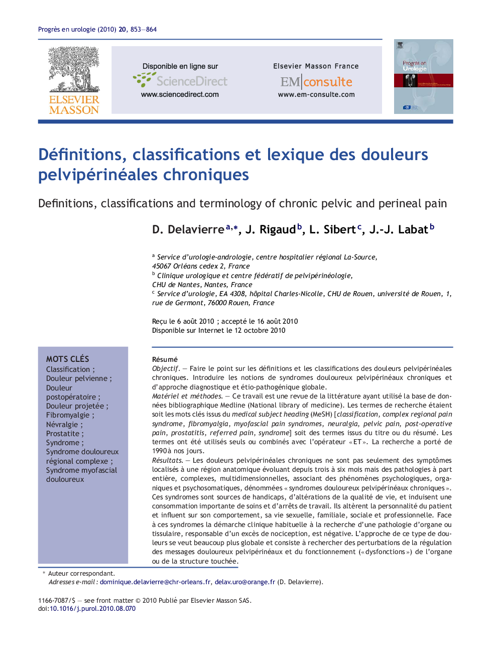 Définitions, classifications et lexique des douleurs pelvipérinéales chroniques