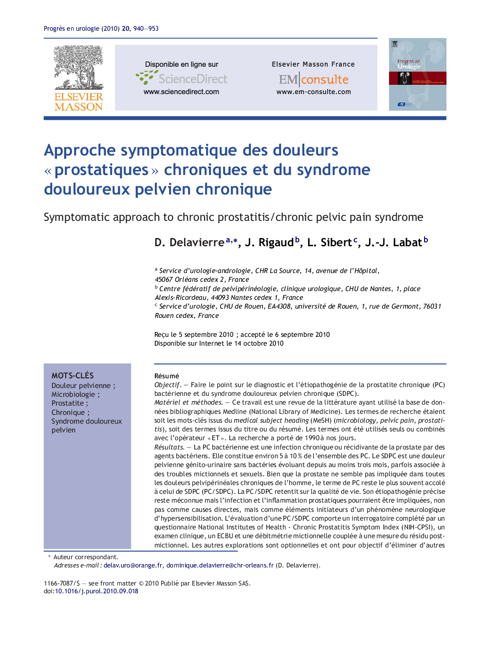 Approche symptomatique des douleurs Â«Â prostatiquesÂ Â» chroniques et du syndrome douloureux pelvien chronique