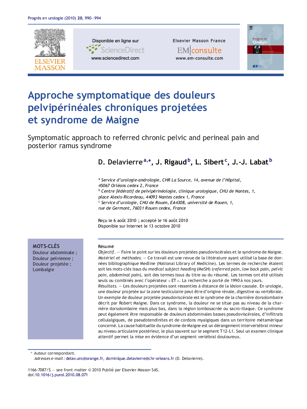 Approche symptomatique des douleurs pelvipérinéales chroniques projetées et syndrome de Maigne