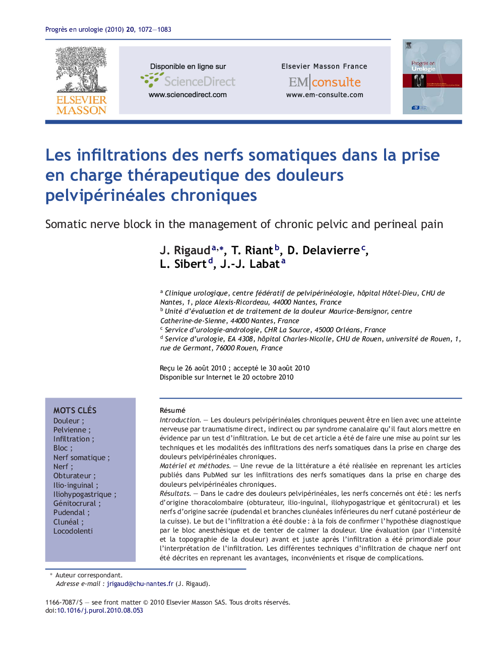 Les infiltrations des nerfs somatiques dans la prise en charge thérapeutique des douleurs pelvipérinéales chroniques