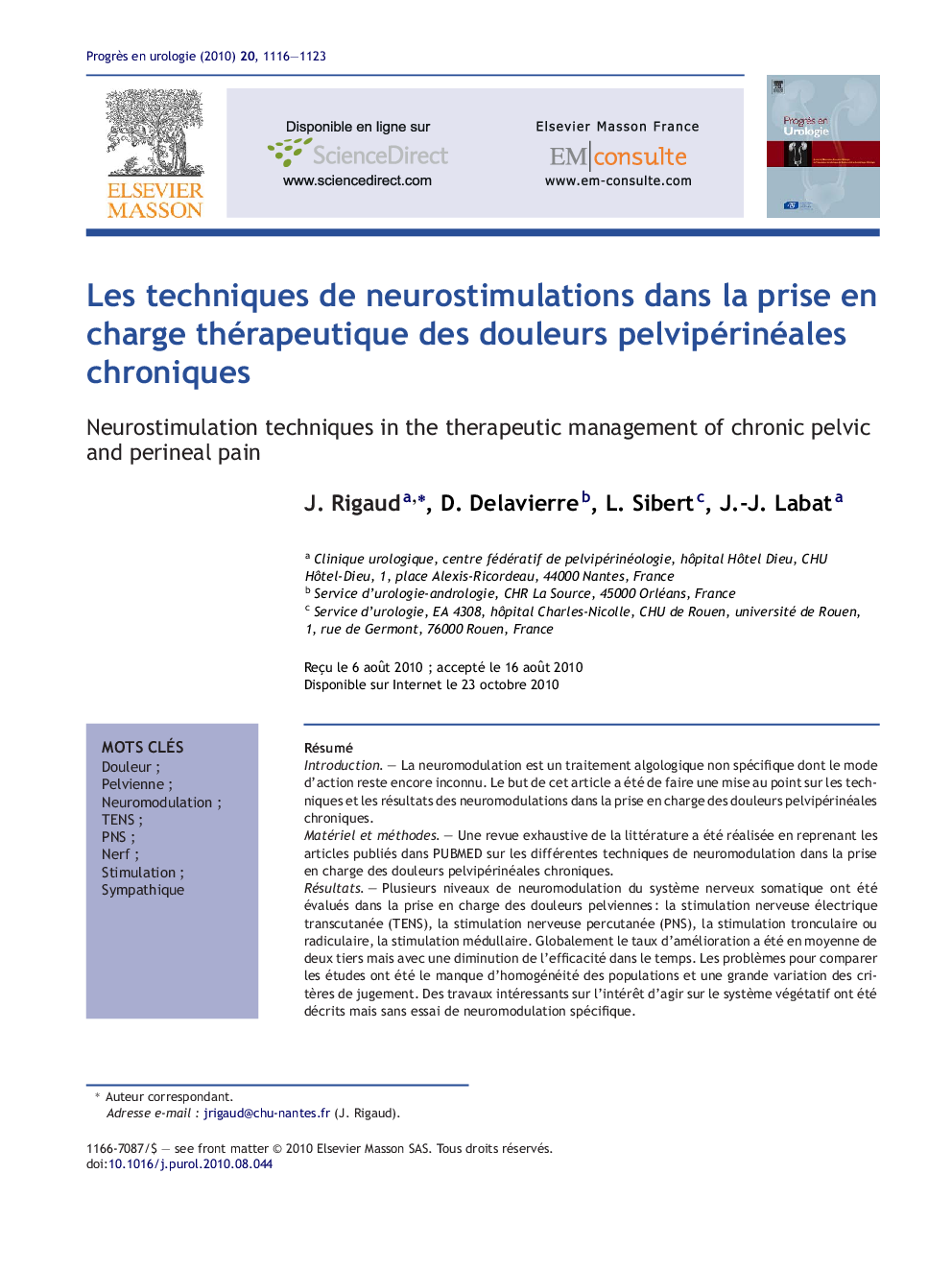 Les techniques de neurostimulations dans la prise en charge thérapeutique des douleurs pelvipérinéales chroniques