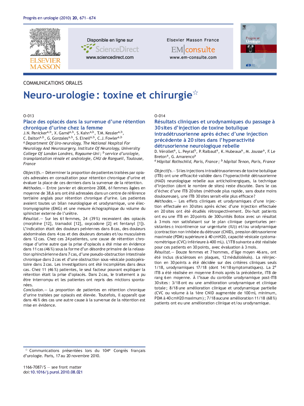 Neuro-urologie : toxine et chirurgie