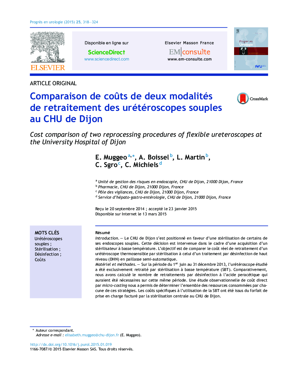 Comparaison de coûts de deux modalités de retraitement des urétéroscopes souples au CHU de Dijon