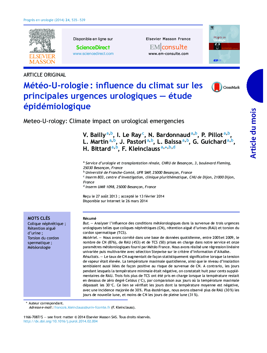 Météo-U-rologieÂ : influence du climat sur les principales urgences urologiques - étude épidémiologique