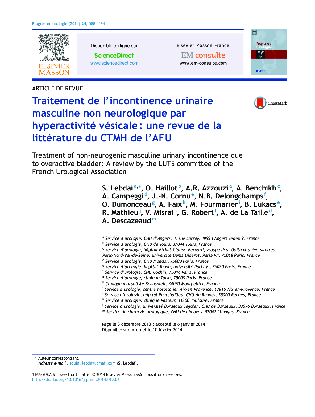 Traitement de l'incontinence urinaire masculine non neurologique par hyperactivité vésicaleÂ : une revue de la littérature du CTMH de l'AFU