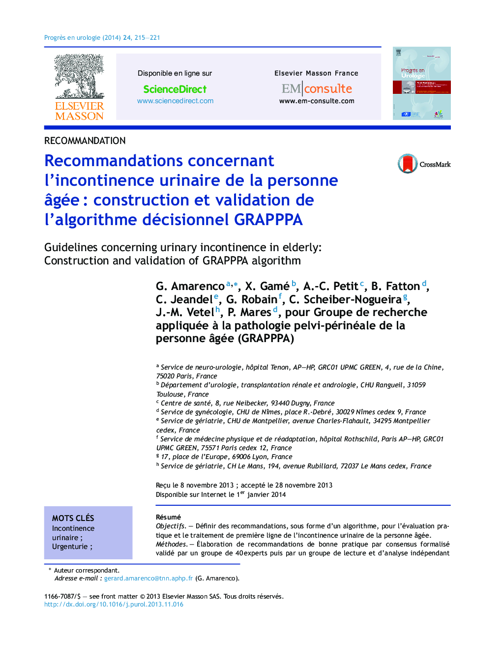 Recommandations concernant l’incontinence urinaire de la personne âgée : construction et validation de l’algorithme décisionnel GRAPPPA