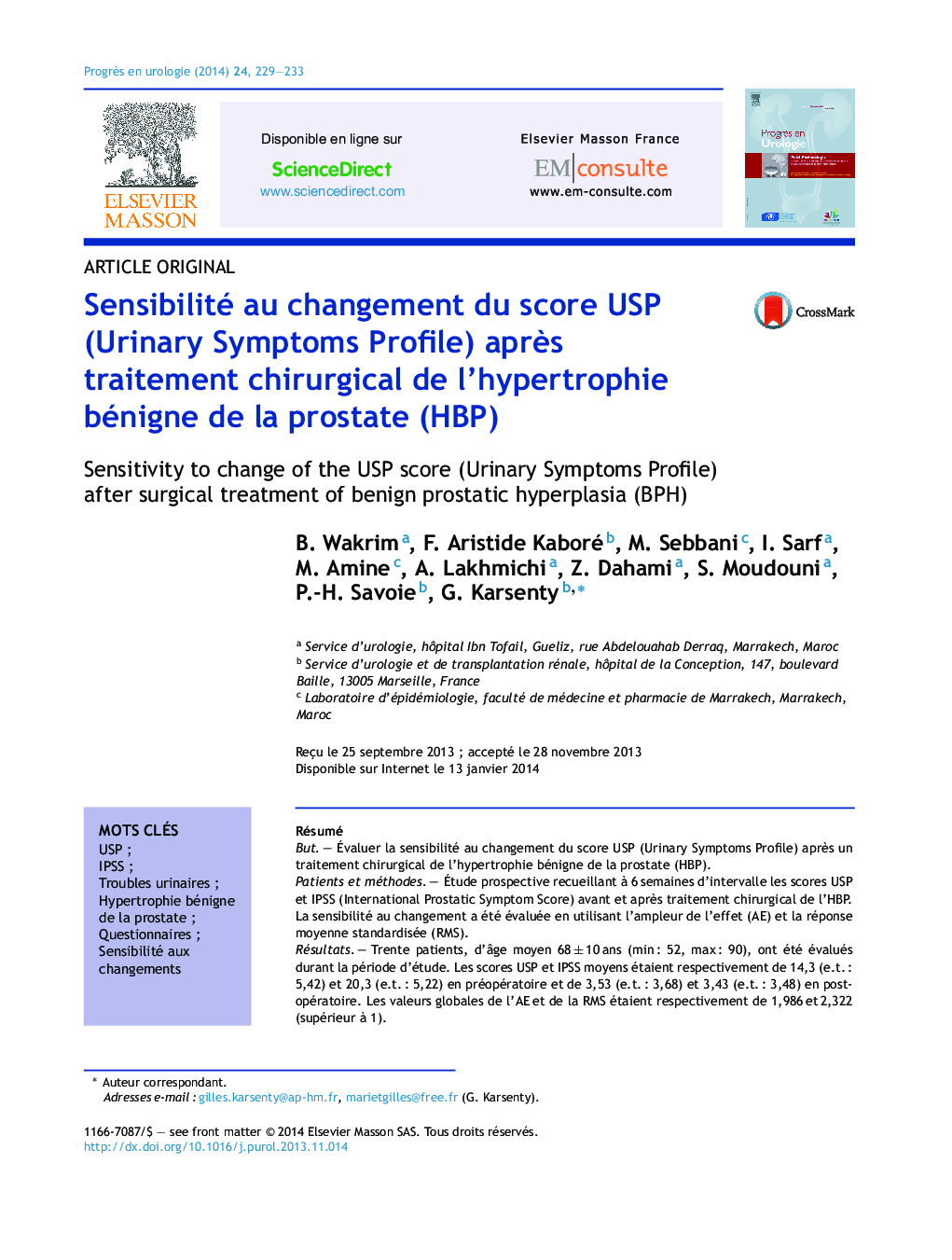 Sensibilité au changement du score USP (Urinary Symptoms Profile) aprÃ¨s traitement chirurgical de l'hypertrophie bénigne de la prostate (HBP)