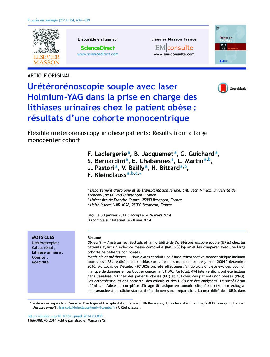 Urétérorénoscopie souple avec laser Holmium-YAG dans la prise en charge des lithiases urinaires chez le patient obèse : résultats d’une cohorte monocentrique