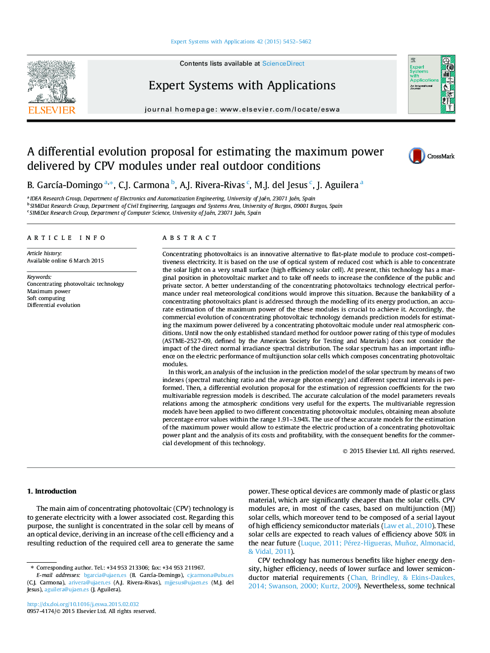 A differential evolution proposal for estimating the maximum power delivered by CPV modules under real outdoor conditions