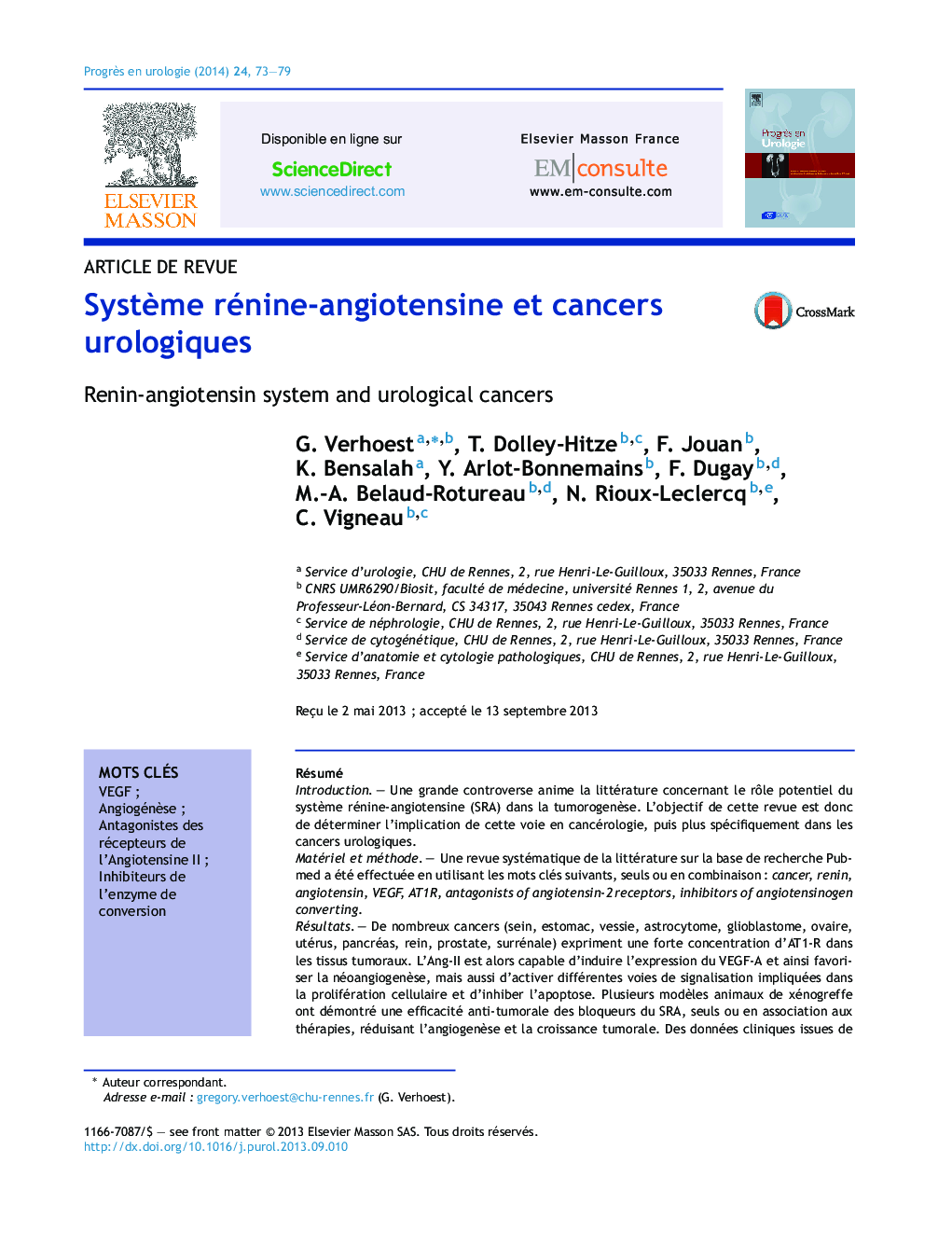 Système rénine-angiotensine et cancers urologiques