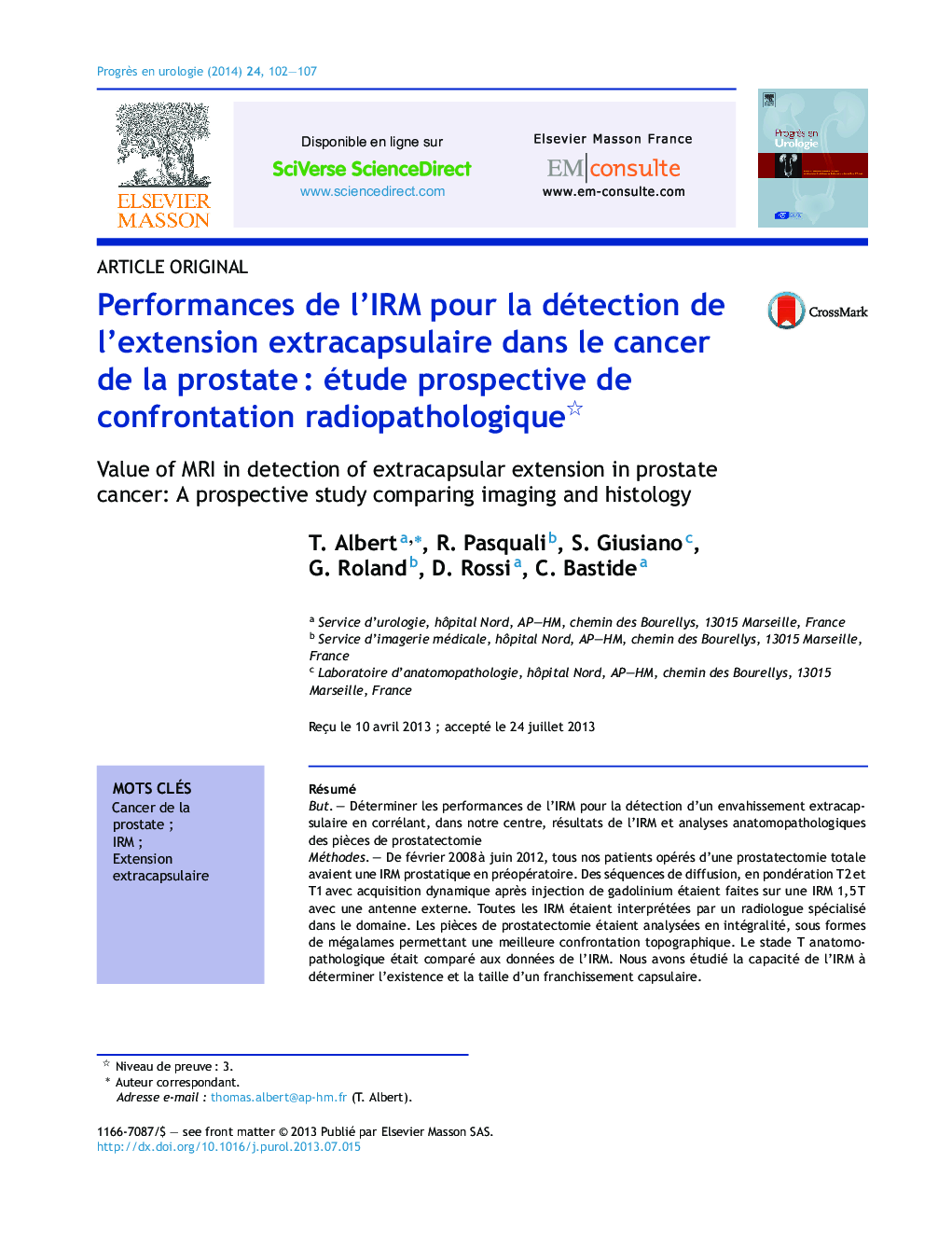Performances de l’IRM pour la détection de l’extension extracapsulaire dans le cancer de la prostate : étude prospective de confrontation radiopathologique 