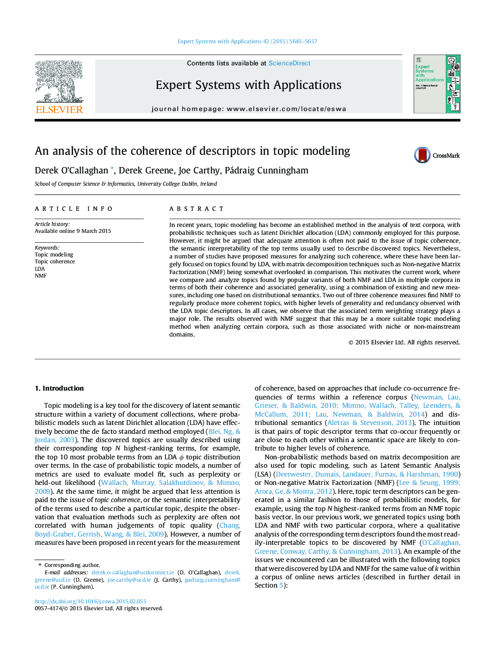 An analysis of the coherence of descriptors in topic modeling