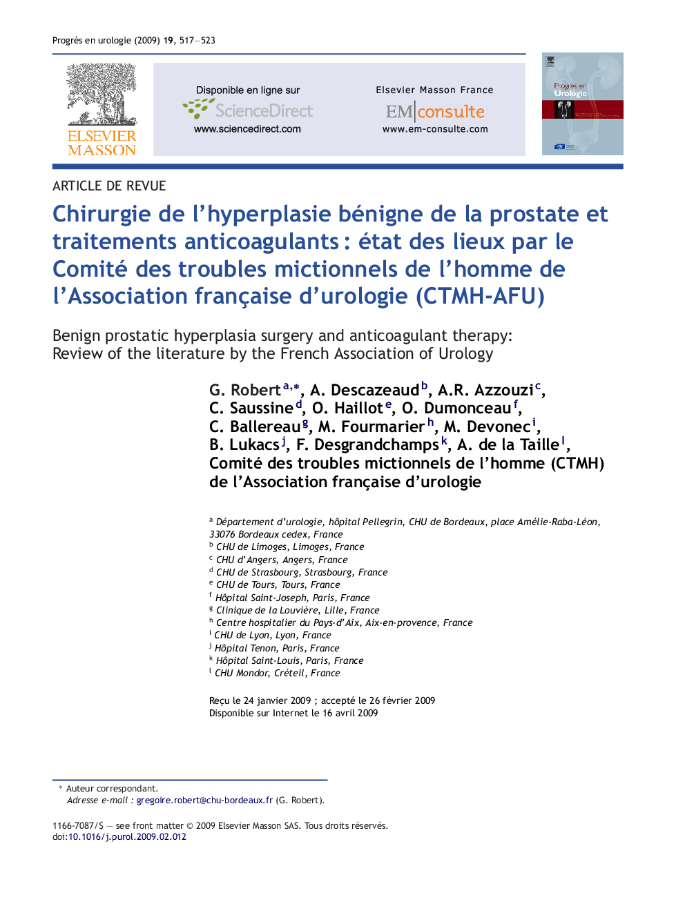 Chirurgie de l’hyperplasie bénigne de la prostate et traitements anticoagulants : état des lieux par le Comité des troubles mictionnels de l’homme de l’Association française d’urologie (CTMH-AFU)