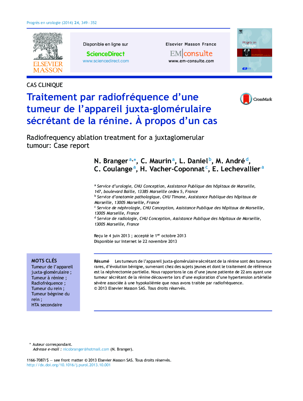 Traitement par radiofréquence d’une tumeur de l’appareil juxta-glomérulaire sécrétant de la rénine. À propos d’un cas