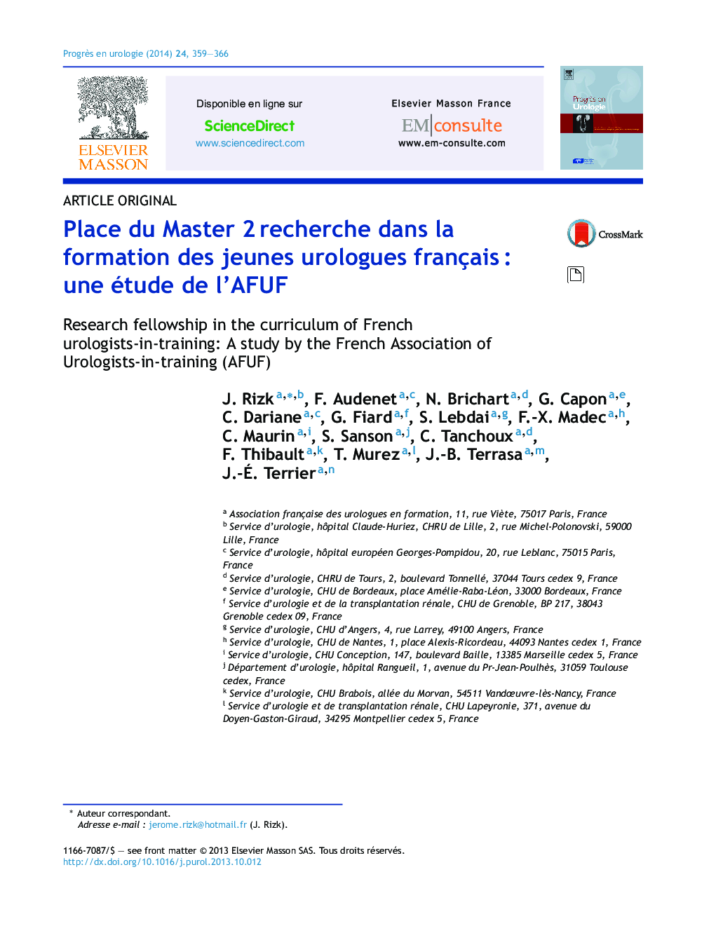 Place du Master 2Â recherche dans la formation des jeunes urologues françaisÂ : une étude de l'AFUF