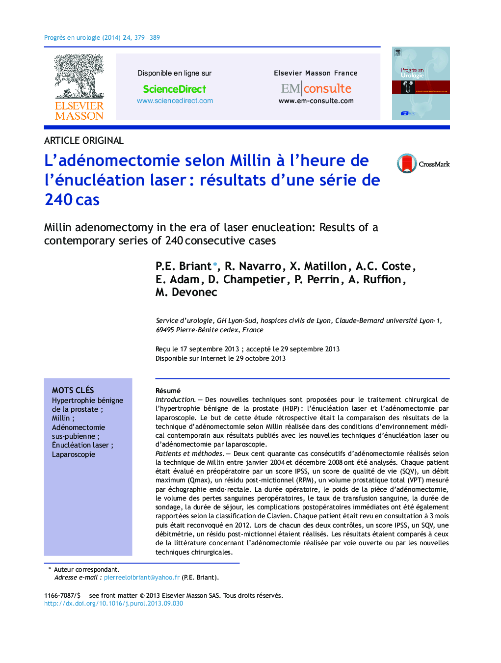 L'adénomectomie selon Millin Ã  l'heure de l'énucléation laserÂ : résultats d'une série de 240Â cas