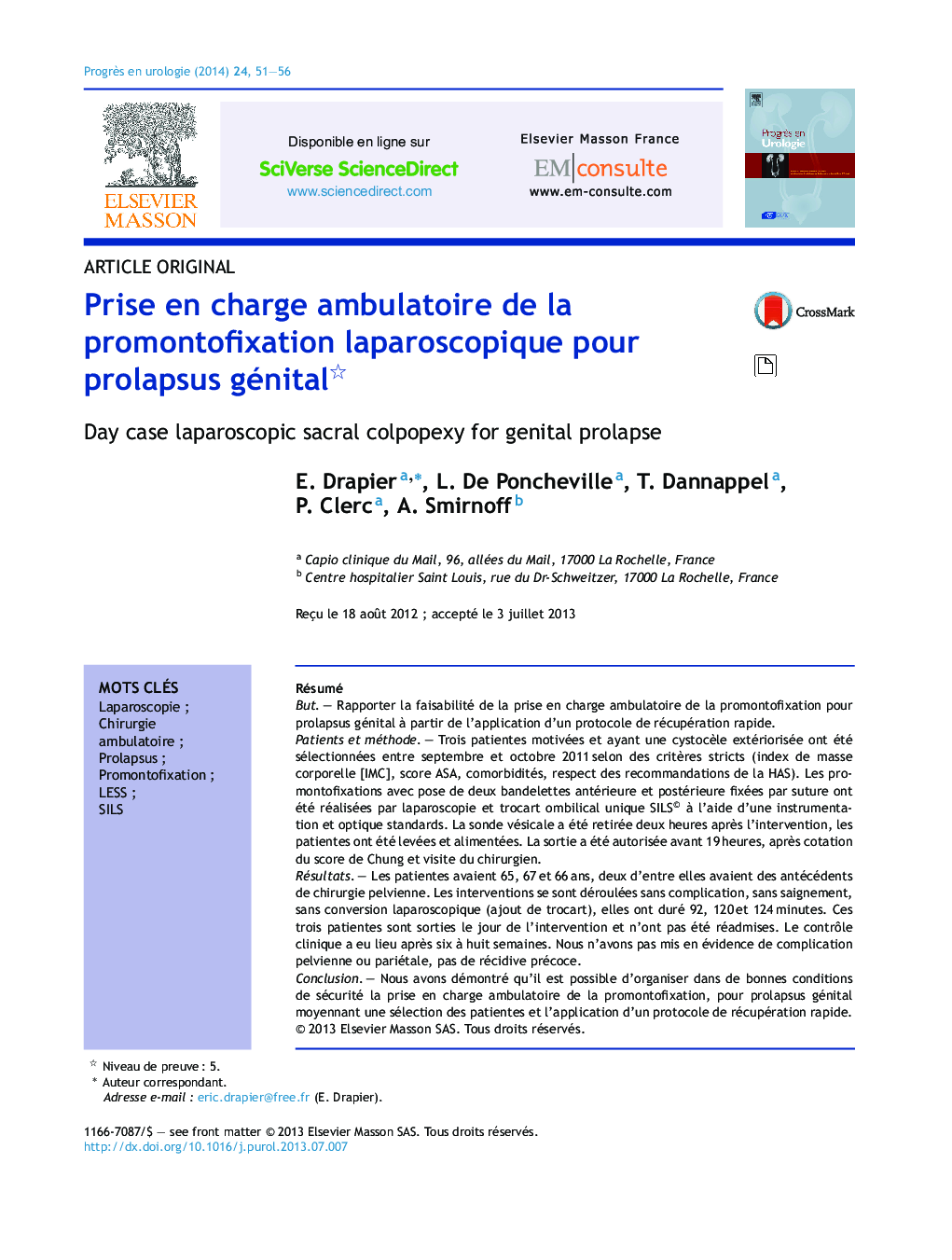 Prise en charge ambulatoire de la promontofixation laparoscopique pour prolapsus génital 
