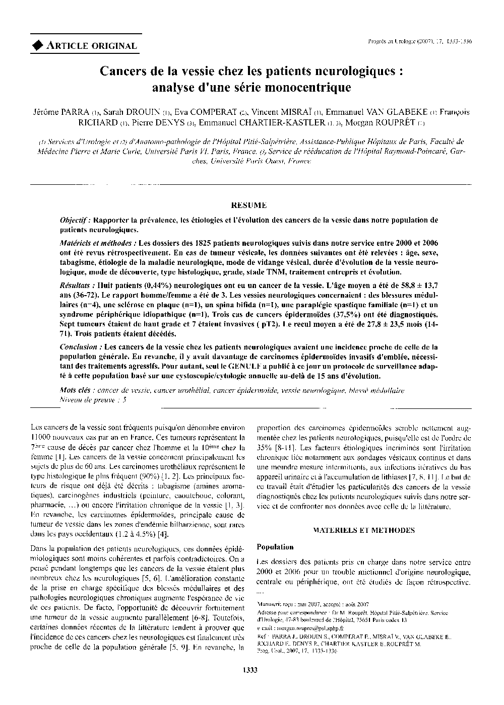 Cancers de la vessie chez les patients neurologiques : analyse d’une série monocentrique